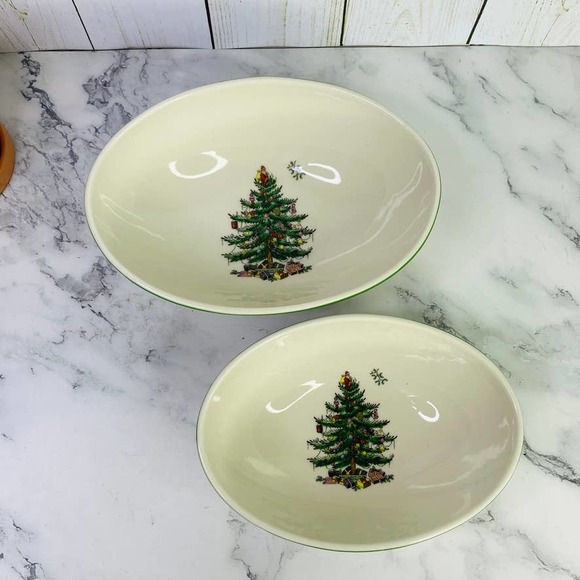 Spode Christmas Tree Set of 2 Oval Nesting Bowls Nuts Candy Snacks 7" 6" - Picture 2 of 6